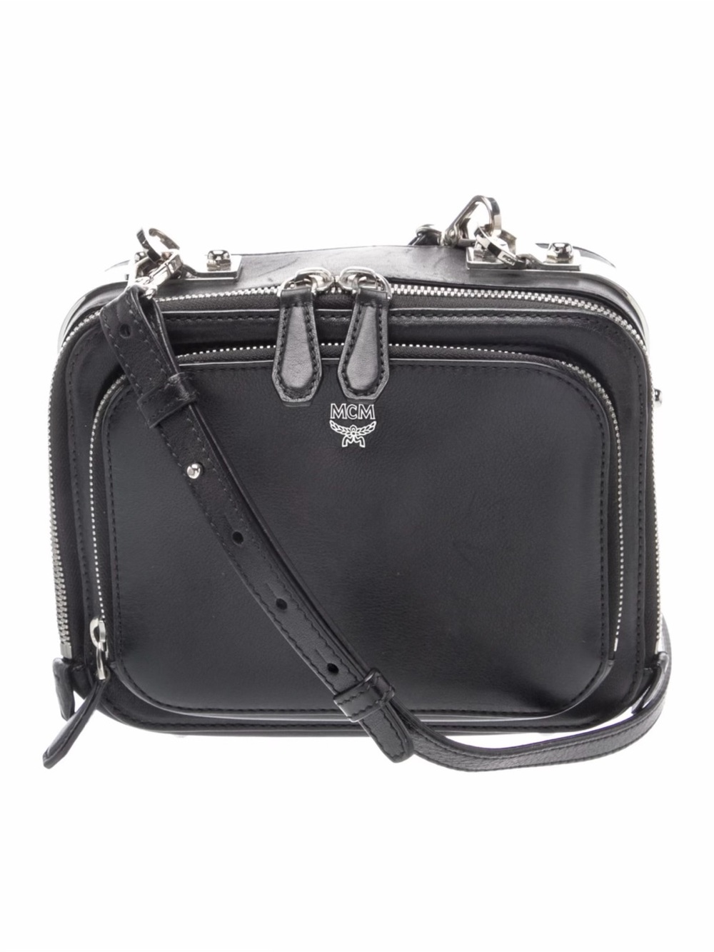 MCM Black Leather Double-Zip Crossbody Bag with Silver Hardware